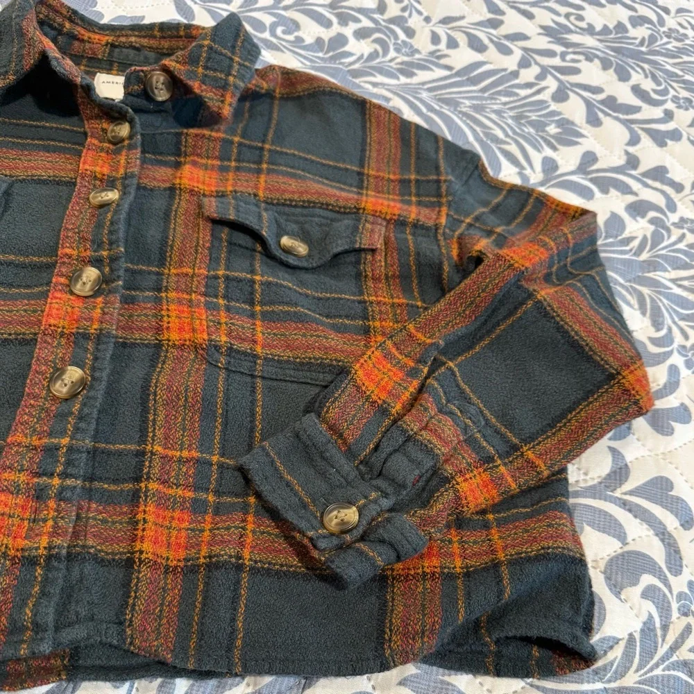 American Eagle Outfitters Cropped Plaid Jacket - Dark Green and Orange - Picture 2 of 4